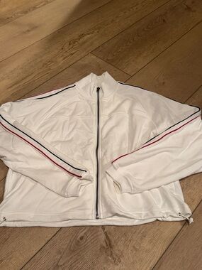 Vici White Zip-Front Jacket with Red & Navy Stripe Trim